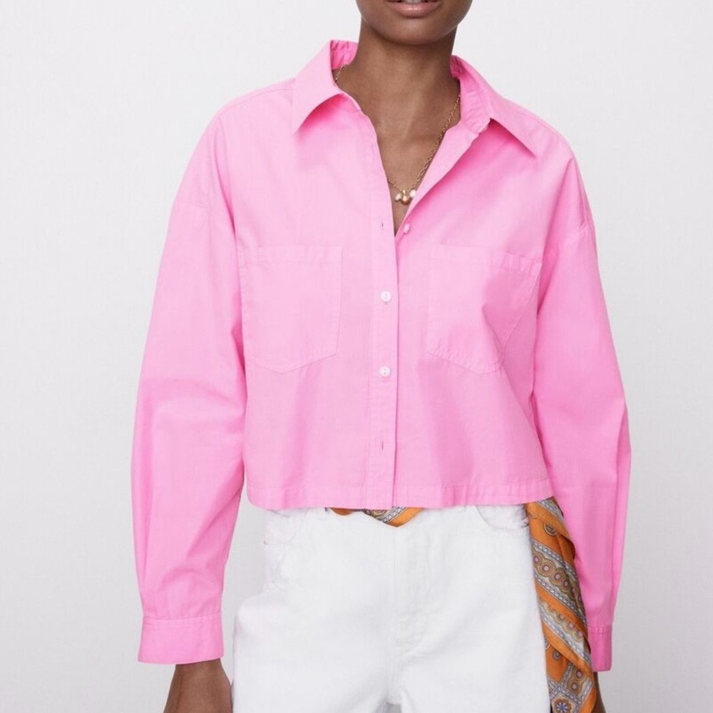 NWT Zara Cropped Shirt Baby Pink Button Down With Pockets Size Large